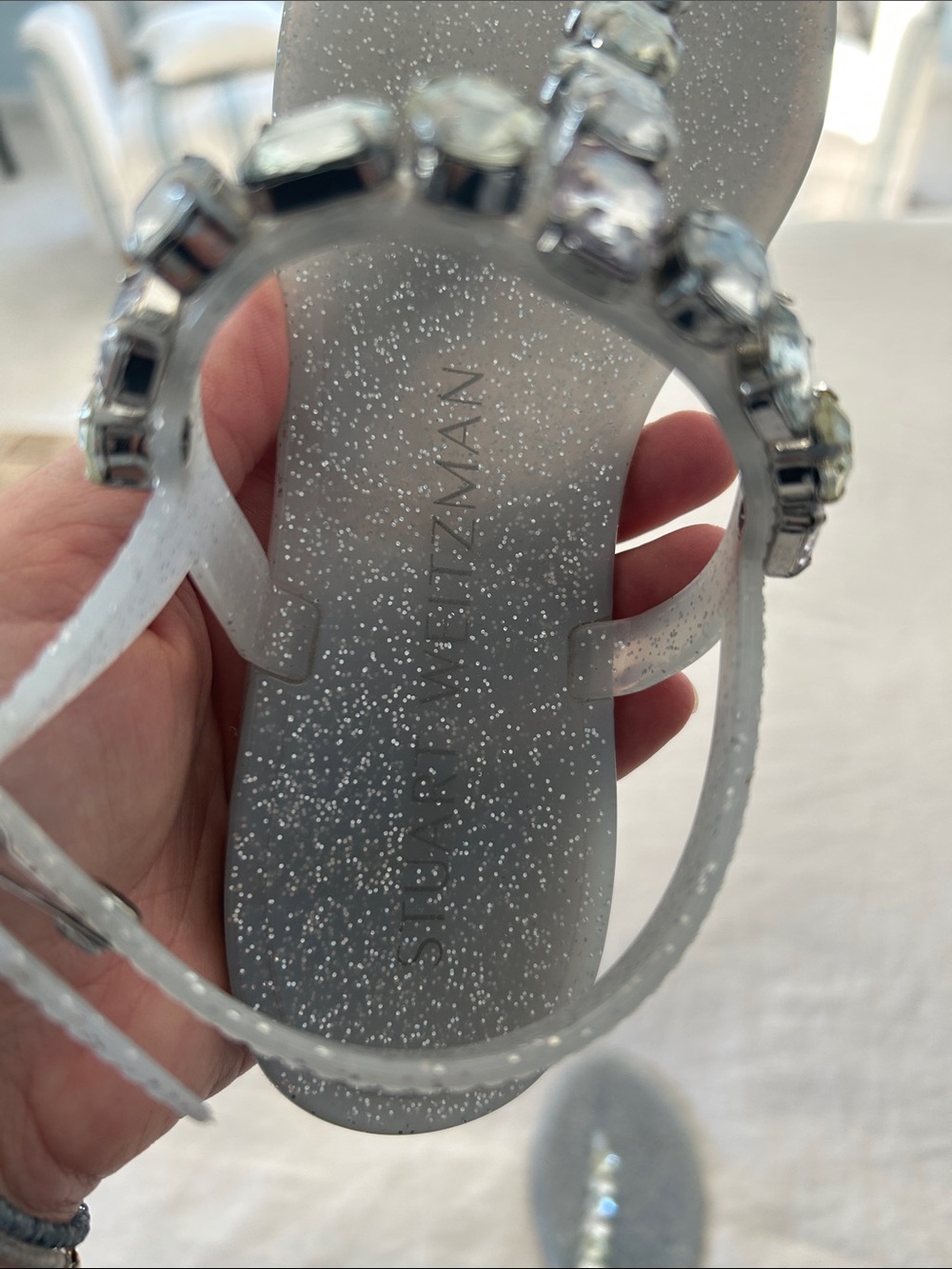 Stuart Weitzman Silver Sparkle Jeweled Jelly Sandals - Picture 2 of 8